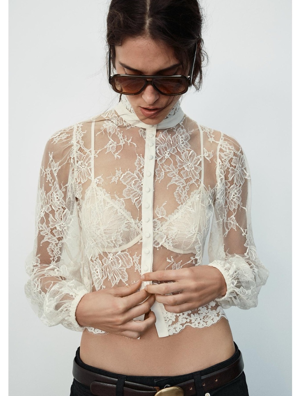 Zara LACE BUTTON-FRONT TOP - Picture 9 of 10
